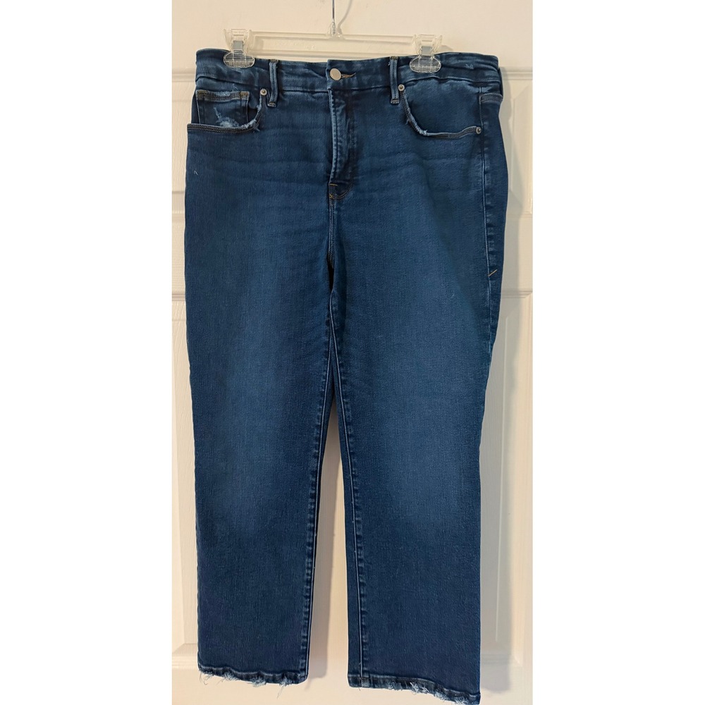 Good American Petite 14/32 Blue Denim Jeans Raw Hem Slim Straight Stretch